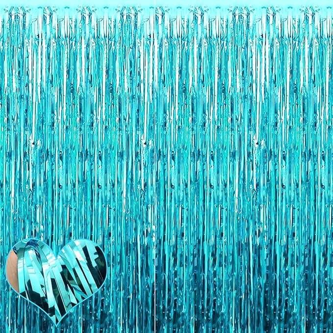 4 Pack Fringe Curtain Backdrop, 3.2Ft x 6.6Ft Blue Metallic Tinsel Foil Fringe Streamers Background for Photo Booth Birthday Wedding Baby Shower Easter Pool Ocean Underwater Party Decorations