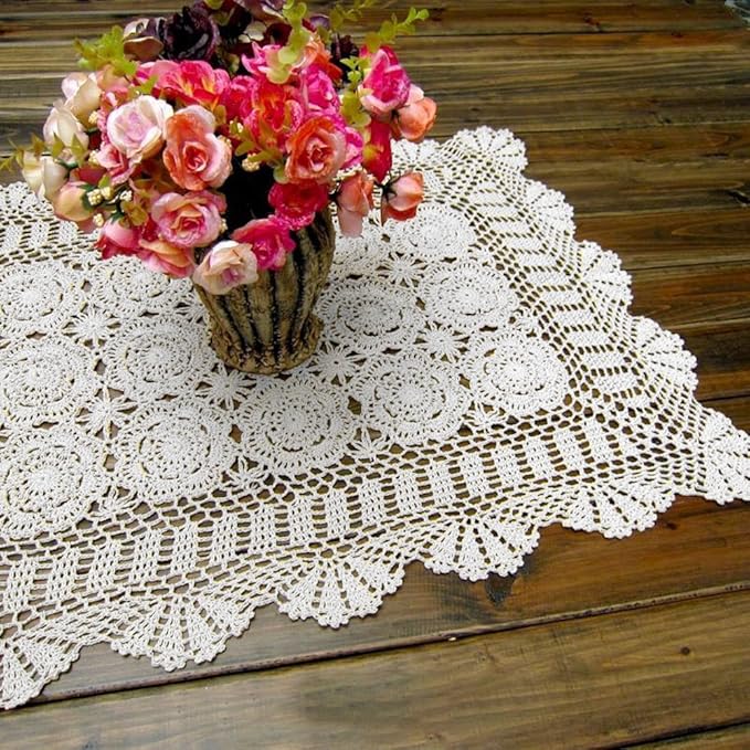 Cotton Handmade Crochet lace Table Runners Rectangular Tablecloth Doilies Doily Table Dresser Scarf Décor,19x27Inch,White