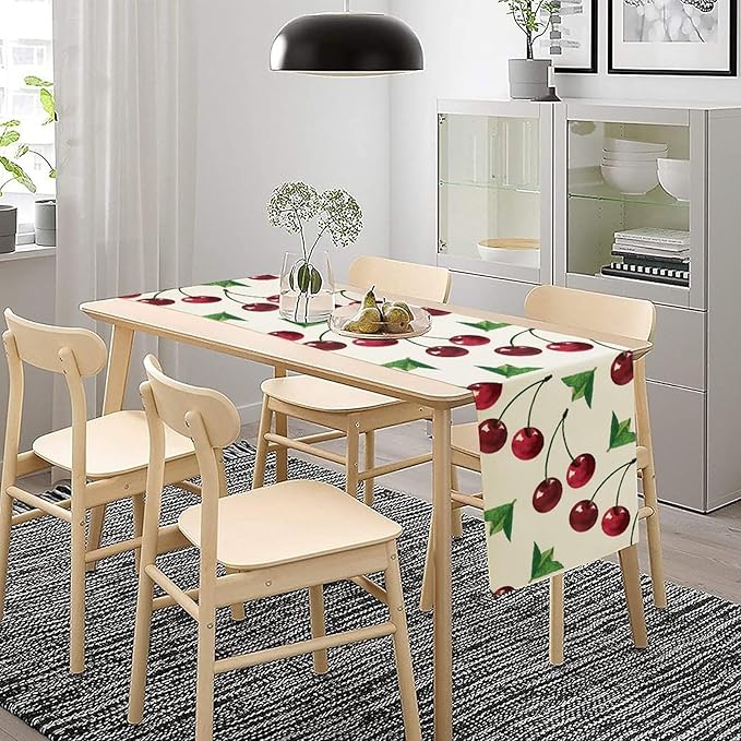 Red Cherry Table Runner Watercolor Tropical Fruit Spring Summer Wild Berry Dinner Runner for Girl Baby Party Holiday Home Kitchen Dining Table Decor 13x36