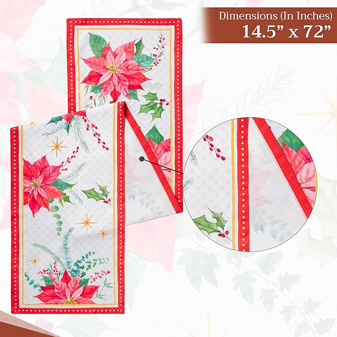 Maison d' Hermine Table Runner 100% Cotton Single Layer Table Runners 72 inches Long for Thanksgiving Christmas Decorations Home Kitchen Dining Party Wedding (Poinsettia Christmas, 14.5" x 72")