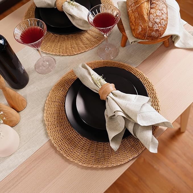 Linen Light Natural Dinner Napkins Set of 4-100% Pure Linen Cloth Fabric, Hemstitch Dinner Napkins 20 x 20 Inch for Dining, Dresser, Thanksgiving, Christmas, Fall - Lino