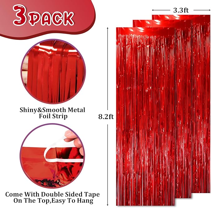 2 Pack Red Tinsel Foil Fringe Curtains, Red Party Decorations, Metallic Tinsel Party Streamers Backdrop for Birthday Red Carpet Christmas Graduation Carnival Valentine's Party Decorations
