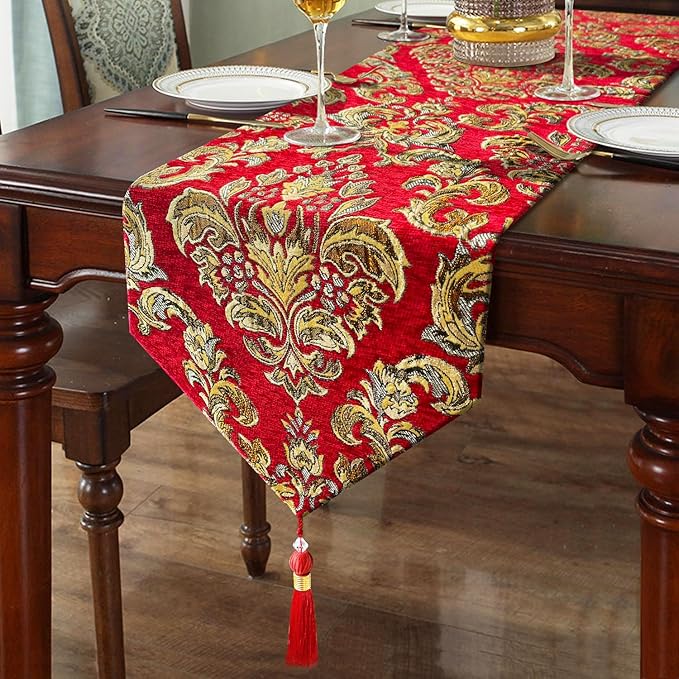 Embroidered Jacquard Elegant Table Runners 72 inches Long Chenille with Tassels - Red