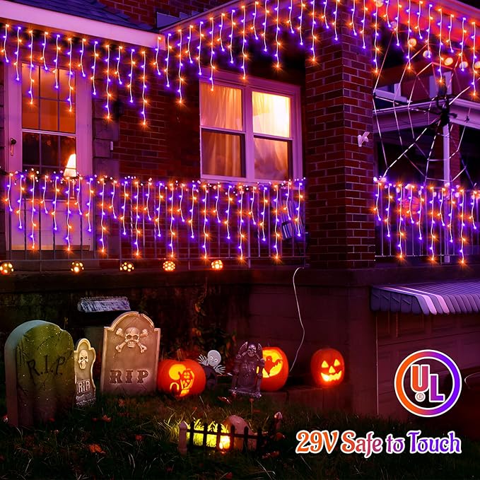 KNONEW 99FT 1216 LED Halloween Lights Decortation Orange Purple String Lights Outdoor with 228 Drops, 8 Lighting Modes, Timer Memory Function Hanging Curtain Lights for Halloween Party Decor