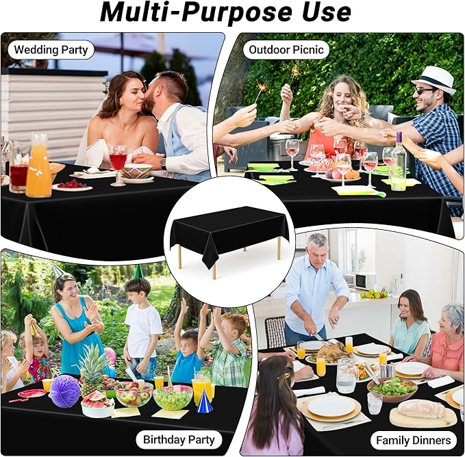 QZYL 4 PCS Picnic Table Cover with Bench Covers, Black Plastic Table Cloths, 54 X 108 in Disposable Waterproof Rectangle Table Covers for Camping Birthdays Weddings Parties Christmas