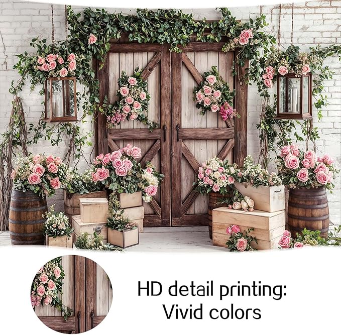 20x10ft Country Wedding Photography Backdrop Floral Rustic Roses Farmhouse Wooden Door Backdrop Pink Flower Birthday Baby Shower Wedding Bridal Party Banner Photo Booth Props Anniversary Background