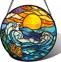 Stained Glass Window Hanging, Orange Sun Blue Sea Waves Landscape Suncatcher for Doors Window Home Sun Catchers Decor Mother's Day Birthday Gifts for Women, Men Mom 9.8 in