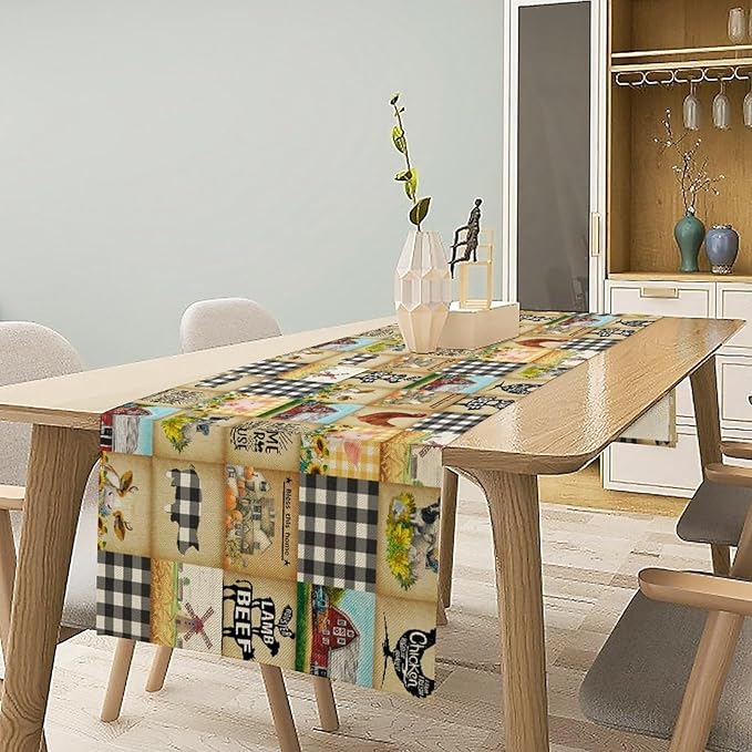 Farmhouse Animals Table Runner,Rustic Cabin Pig Chicken Cow Sunflowers Geometric Grids Burlap for Hotel Indoors Outdoor Dining Room Kitchen Holiday Party, 13x80in