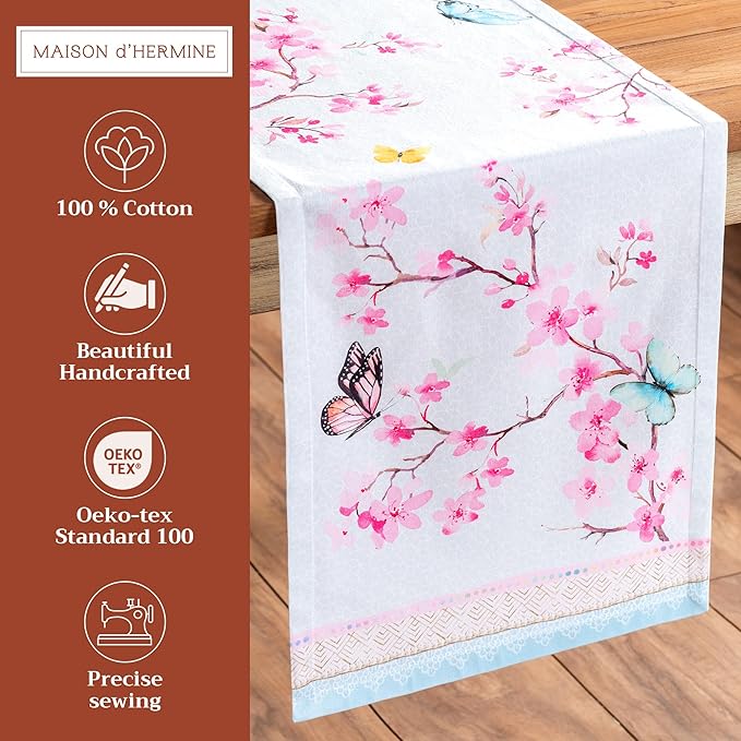 Maison d' Hermine Table Runner 100% Cotton Single Layer Table Runners 72 inches Long Decorative for Home Kitchen Dining Party Wedding Bridal Shower Spring Summer (Blossoms in Spring, 14.50" x 72")