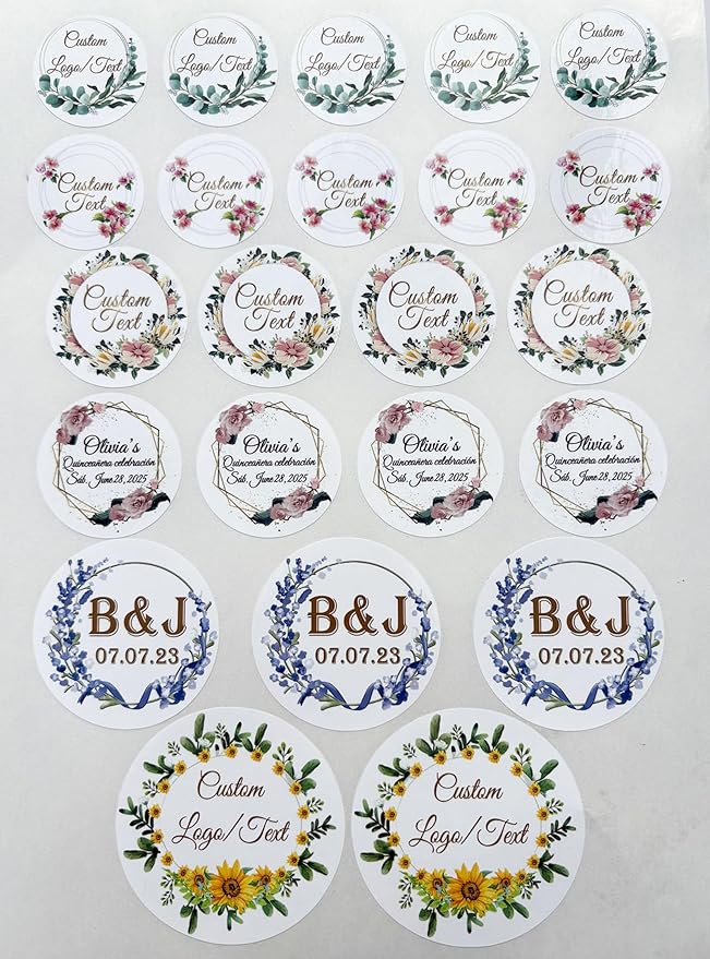 Custom Stickers for Weddings, Birthdays & Businesses - Personalized Labels with Your Logo - Waterproof, Fade and Heat Resistant - Pack of 100-1000 (Wreath M, 1.5 Inch)