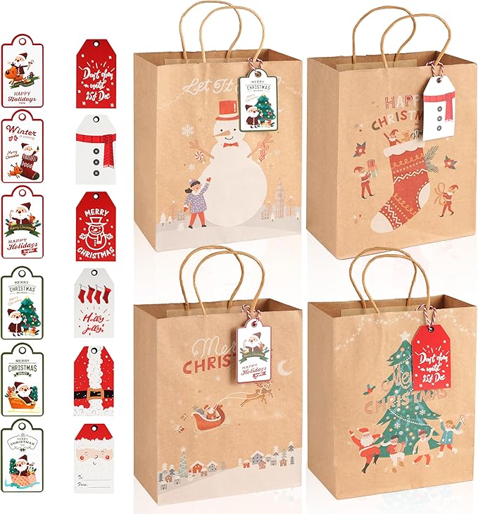LYLIN 12Pcs Kraft Christmas Gift Bags with Handles, Small Xmas Treat Bags Reusable Gift Bags for Wrapping Gifts, Party Favors and Holiday Decor