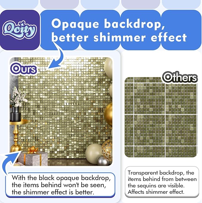 Qcity Light Gold Shimmer Wall Backdrop 24PCS, Black Back Not See-Through Design, Square Sequin Glitter Backdrop Panel, Perfect for Outdoor Events, Birthdays, Wedding and Party Decoration