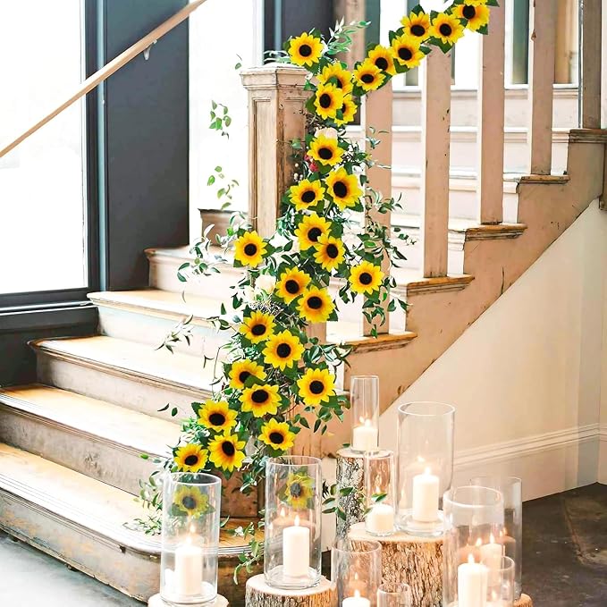 Uieke 12PCS Artificial Sunflower Garland, 7.5ft/Strand Silk Sunflowers Hanging Vines Flowers with Green Leaves for Room Kitchen Garden Birthday Wedding Baby Shower Party Table Decor Large