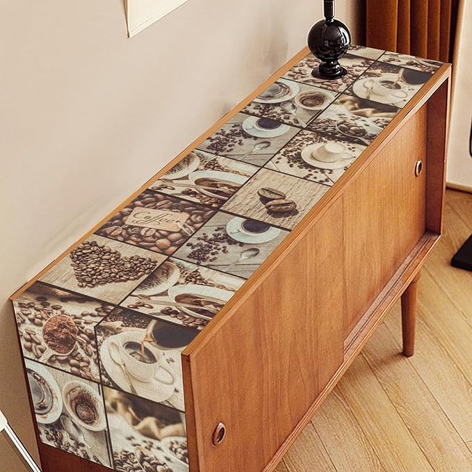 Coffee Theme Table Runner, Rustic Farmhouse Coffee Cup Latte Cappuccino Tea Party Cafe Table Center Decor for Home Kitchen Dining Patio Holiday Party Indoor Outdoor Table Decorations, 13"x72" Inch