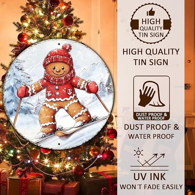 Round Gingerbread Man Ski Vintage Metal Sign Skiing Sign, Office Sign Home Décor Ski Lodge Décor Cabin Tin Sign 8 * 8 in