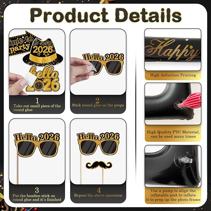 2026 New Year Photo Booth Inflatable Frame Kit, 30Pcs New Years Photo Booth Props with Inflatable Picture Frame Black Gold Decorations for New Year Eve Party Selfie Props Supplies