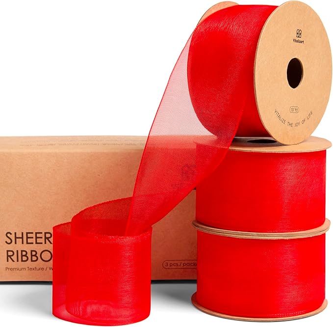 Vitalizart Red Organza Ribbon 1.5" x 30 Yd Sheer Ribbons for Christmas Decor Gift Wrapping Crafts Bows Wedding Invitations Wreaths Bouquet