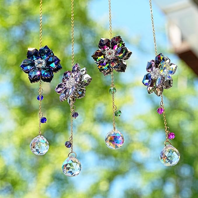 HDCRYSTALGIFTS 4pcs Crystal Flower Suncatchers for Window Hanging Ornaments, Rainbow Maker Crystal Sun Catchers Indoor Window Outdoor Patio Garden Decor Gifts (Multicolor)