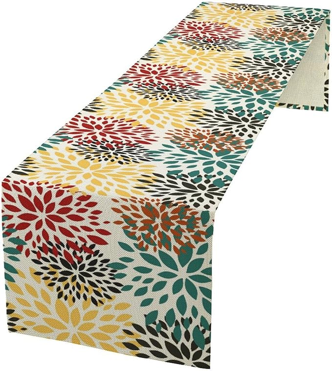 Green Red Dahlia Flower Table Runner Chrysanthemum Geometric Kitchen Dining Bedroom Living Room Table Decor for Indoor Outdoor Home Party, 13x90 Inch