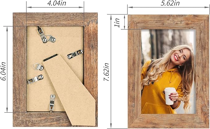 4x6 Picture Frame Set of 4, High Definition Real Glass Rustic Brown Frame, 4 x 6 Wood Photo Frames for Tabletop Display and Wall Mounting