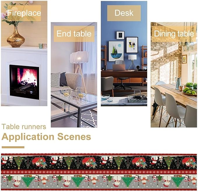 Christmas Table Runner,Cartoon Snowman Tree Xmas Deer Elk Santa Claus Print Tablecloth Burlap for Hotel Indoors Outdoor Dining Room Kitchen Home Decor,W13X L90 in