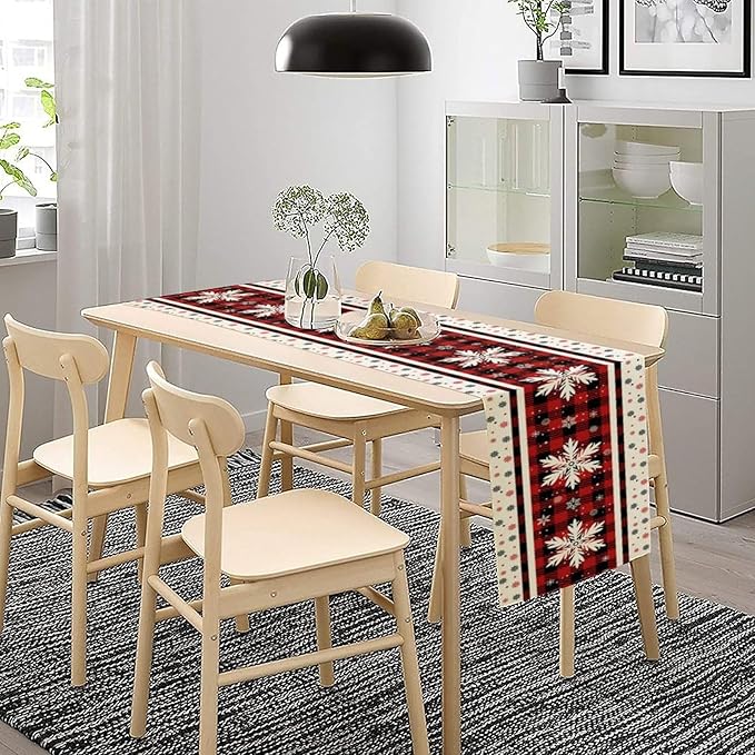 Snowflakes Christmas Table Runner,Red Buffalo Plaid Seasonal Winter Kitchen Dining Table Decoration for Home Party Decor 13x108 Inch