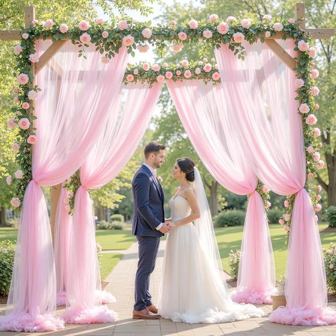Wedding Arch Draping Fabric Backdrop 2 Panel 60" x 26Ft Pink Drapes Curtains for Wedding Reception Sheer Tulle Backdrop Curtain for Ceremony Birthday Party Baby Shower Arbor Ceiling Decorations