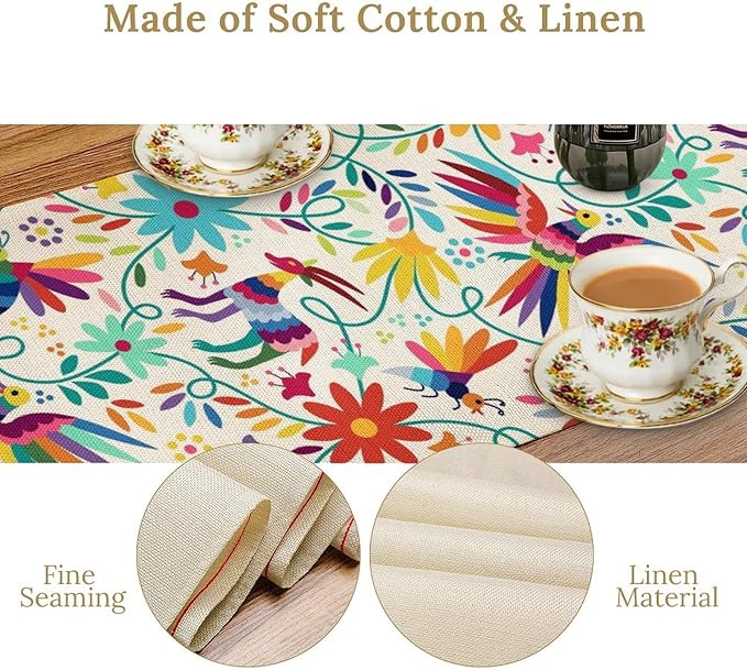 Mexican Table Runner,Boho Colorful Nature Inspired Flowers and Birds Table Cloth Kitchen Dining Table Home Party Decoration 13x120 Inch