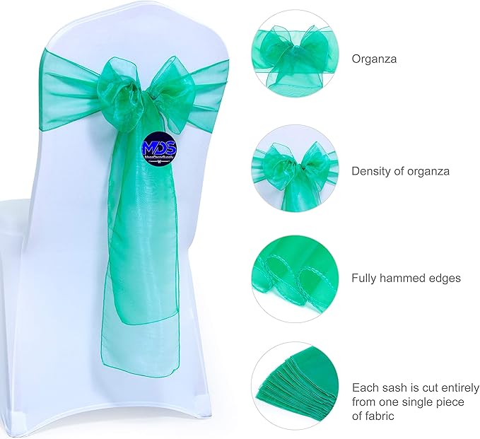 MDS Pack of 200 PCS Organza Chair Sashes Wider Dining Chair Bows Ribbon Tie Back for Wedding Party Birthday Bridal Shower Reception Event Banquet Home Chair Cover Decoration - Green