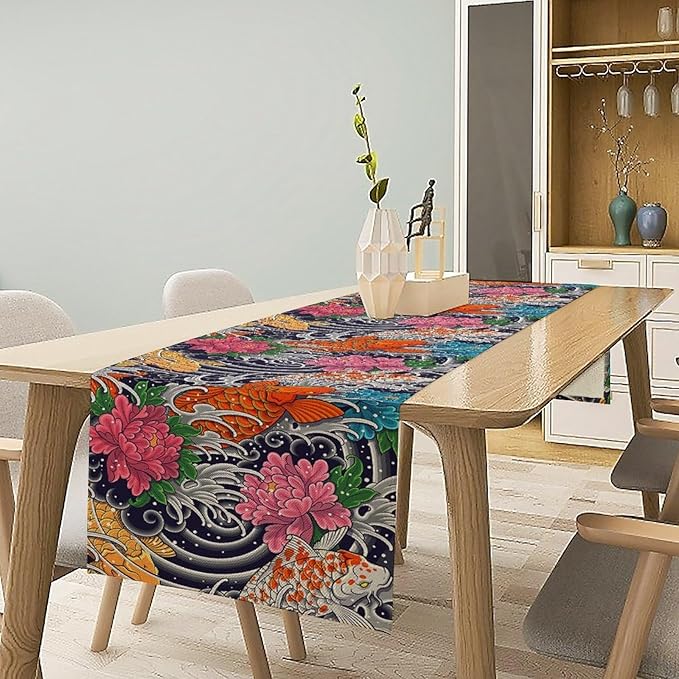 Japanese Retro Flowers Table Runner Oriental Tradition Kio Fish Art Printed Burlap Runner Home Kitchen Dining Table Living Room Decor Fabric 1 Panel W13xL108in