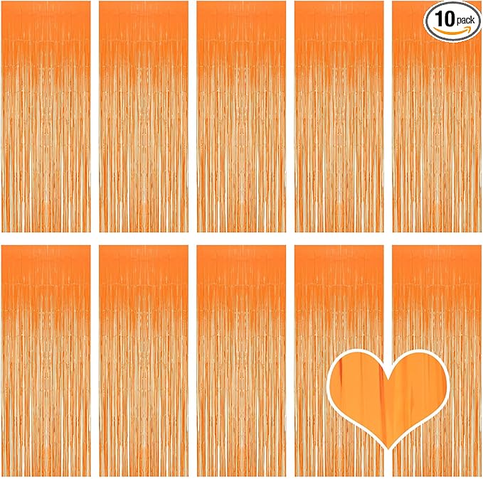 10 Pack Orange Foil Curtain Backdrop 3.2ft x 8.2ft Macaron Tinsel Foil Fringe Curtains Streamer Photo Booth Backdrop for Birthday Party Baby Shower Engagement Wedding Holiday Decor (Macaron Orange)
