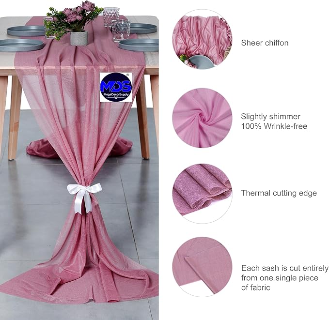 MDS 2 Pack 10ft Chiffon Table Runner 29 x 120 Inches Sheer Wedding Runner Romantic Rustic Table Runner for Wedding Decorations, Birthday Parties, Bridal Shower Party Arch Decor - mauva