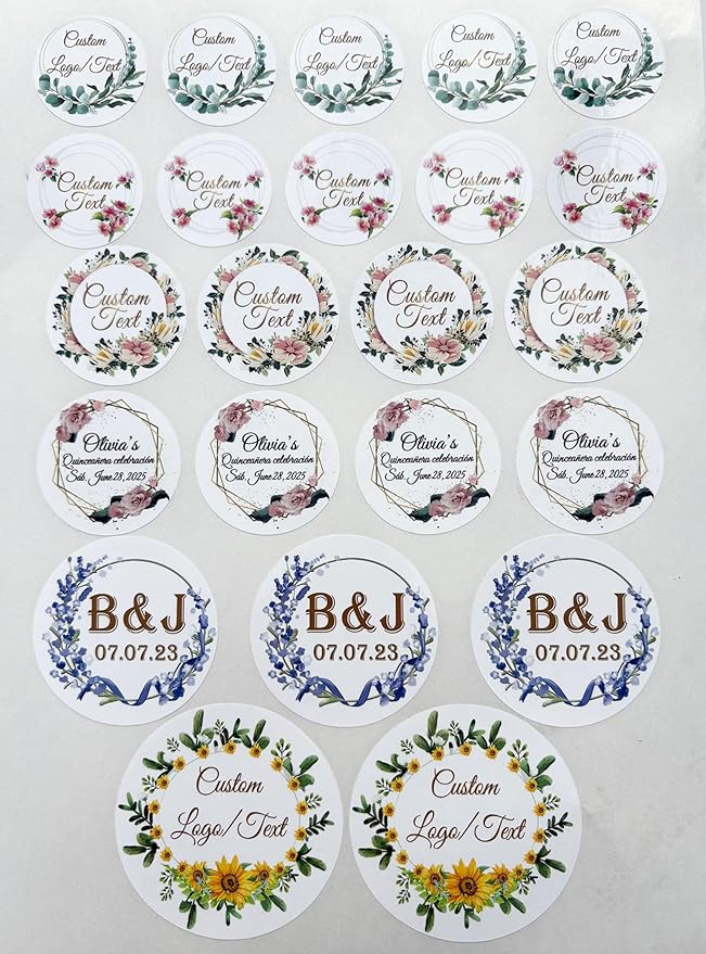 Custom Stickers for Weddings, Birthdays & Businesses - Personalized Labels with Your Logo - Waterproof, Fade and Heat Resistant - Pack of 100-1000 (Wreath O, 2 Inch)