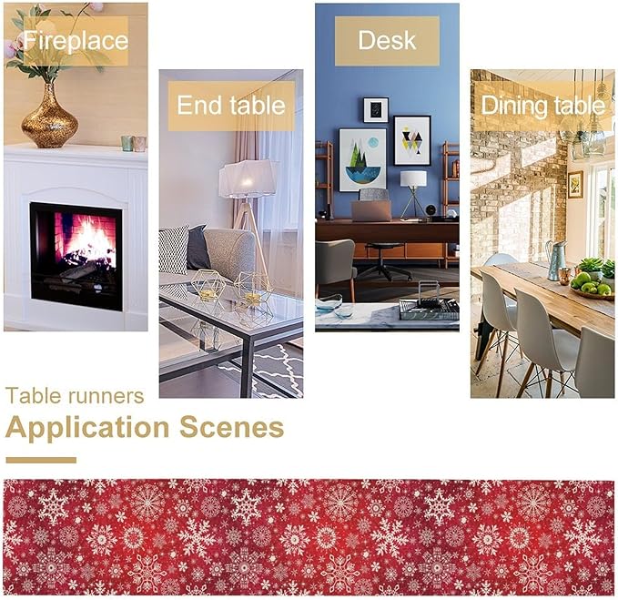 Snowflakes Christmas Table Runner, Winter Holiday Red Table Cloth Kitchen Dining Table Decoration for Home Party Decor 13x108 Inch