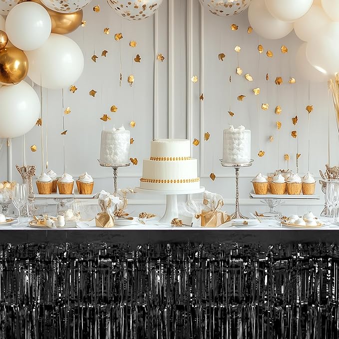 2 Pack Black Orange Table Skirts, 29x108" Metallic Foil Tinsel Fringe Table Skirt for Rectangle Tables Streamer Curtains Backdrop, Party Decorations for Birthdays, Weddings, Holidays