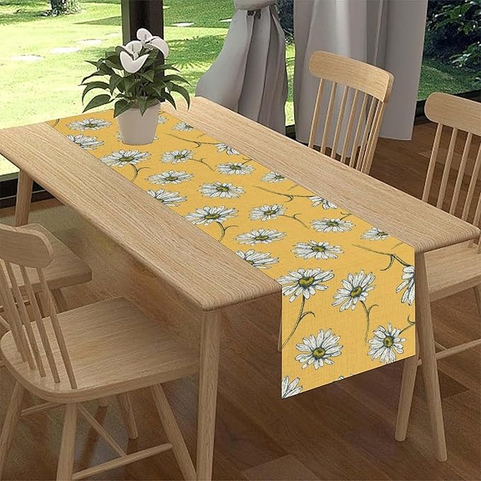 Daisy Floral Table Runner, Farmhouse Spring Seasonal Summer Teal Green White Flower Rustic Abstract Table Center Decor for Home Kitchen Dining Holiday Party Indoor Table Decorations, 13"x36" Inch
