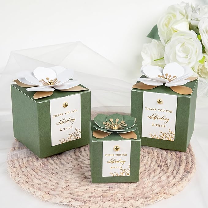 FEIYI 20 PCS Favor Boxes, 3 In 1 Olive Green Candy Boxes with Floral Decor, White Thank You Tags Gold Foil Print Gift wrapping for Wedding, Baby Shower, Birthday, Decorations Party - 2.55x2.55x2.55