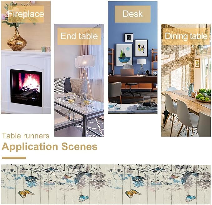 Nature Dandelion Table Runner,Rustic Floral Wood Plank Butterfly Girl Women Pattern Print Burlap Tablecloth for Hotel Indoors Outdoor Dining Room Kitchen Table Decor, 13x36in