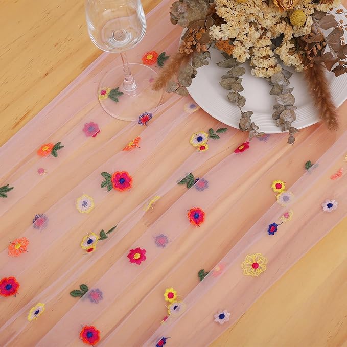 BINBE 6pcs Pink Daisy Fall Table Runner Embroidery Gauze 10FT Florals Seasonal Tulle Holiday Birthday Kitchen Dining Table Decor for Home Party