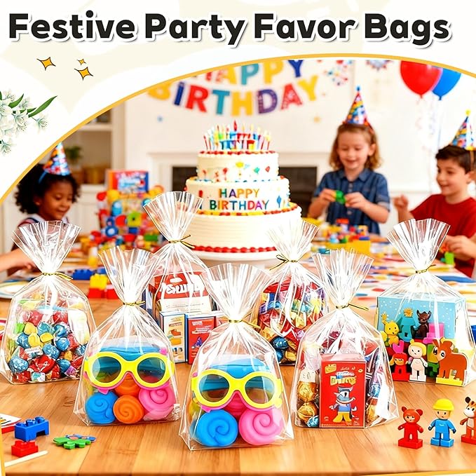 PigPotParty Cellophane Bags 8"x11", 100 Pack Clear Gift Bags, 3.15" Bottom Gusset for Stand-Up Display, Plastic Cellophane Gift Wrap, Ideal for Mugs, Goodies, Treats, Party Favors, Includes Gold Ties
