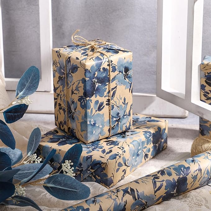 RUSPEPA Blue Floral Gift Wrapping Paper, Indigo Gift Wrap, Watercolor Flower Kraft Paper Roll, Mini Roll Wrapping Paper for Girls, Women, Spring and Birthday, 17 in x 32.8 ft