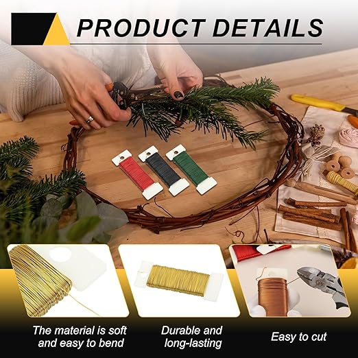 MECCANIXITY 190 Yards/575 Feet 27 Gauge Metal Floral Wire Gold Tone Flexible Paddle Thin Floral Wires for Craft, Christmas Wreath, Flower Arrangement, Wedding, Total 5 Roll