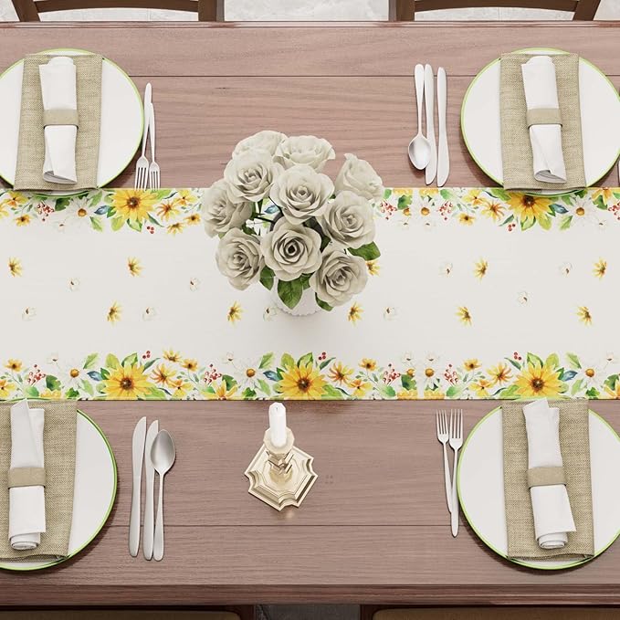 XCHI Yellow White Daisies Flowers Gnomes Spring Table Runner Burlap Table Decoration for Summer Seasonal Home Kitchen Dining Dinner Indoor Holiday Farmhouse Decor 13x108 Inch