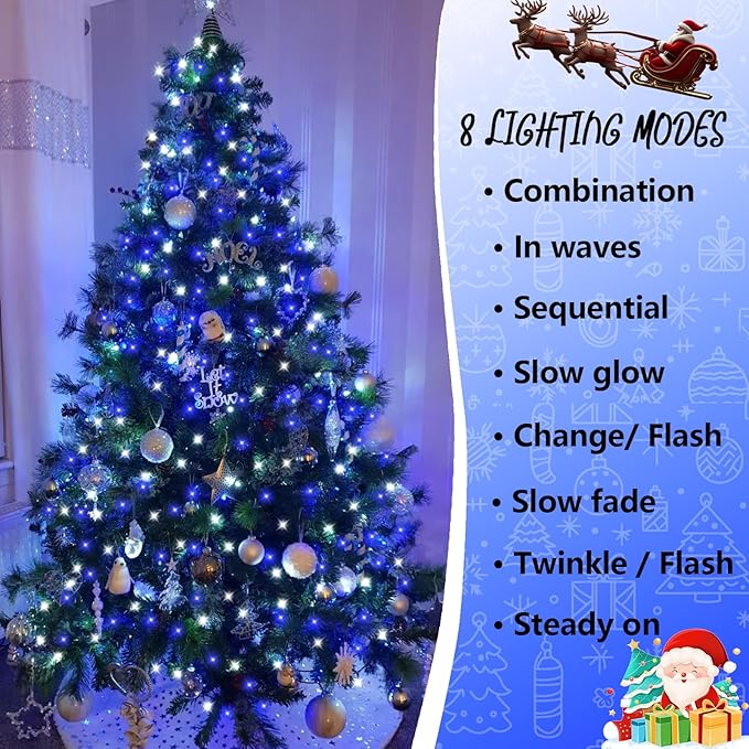YEGUO 66ft 200 LED Christmas Lights Outdoor Waterproof, White and Blue String Light Indoor, Green Wire Twinkle Tree Light Plug in with Timer Memory 8 Modes