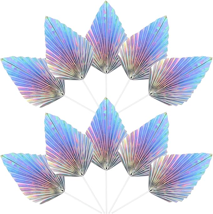 Ephlyn 6Pcs Paper Palm Leaves Fan Cake Toppers Palm Leaf Fan Cake Picks Craft DIY Fan Cupcake Toppers Palm Spear Leaves Cake Decorations for Baby Shower Wedding Birthday Party Decor Supplies Colorful