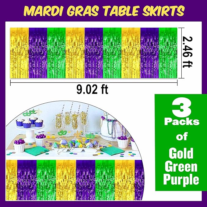 3 Pack Gold Green Purple Foil Fringe Table Skirts Metallic Tinsel Streamers Garland Banner Backdrop for Table Decor, Parade Float, Birthday, Wedding, Halloween, Christmas Party Decorations(29x108 In)