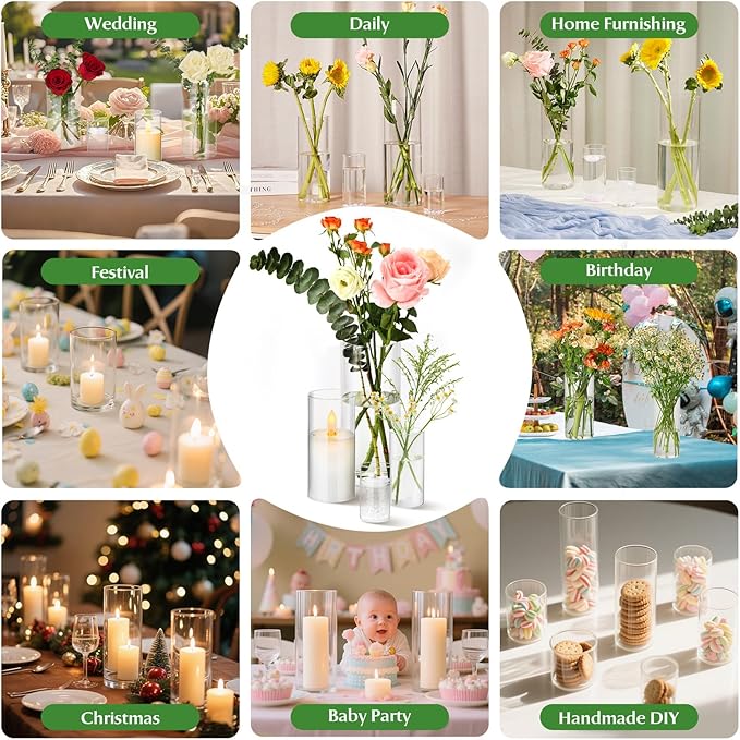 24pcs Clear Glass Cylinder Vases, 4, 6,10,12 inch Tall Hurricane Floating Candle Holder Vase for Centerpieces,Glass Candle Vase Flower Vase for Table Shelf, Wedding, Party,Home & Office Decor