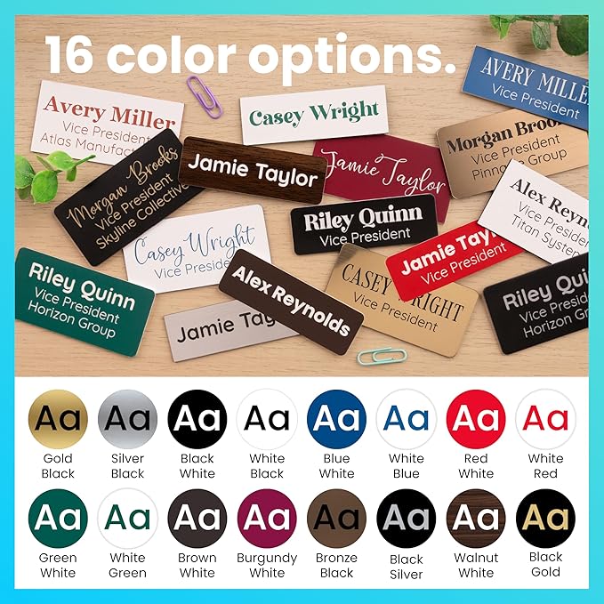 ExcelMark Custom Name Tag - Engraved Name Badge with Pin or Magnetic Backing, 16 Colors, 6 Fonts, and 2 Sizes to Choose from (White w/Blue Letters, 1.5"x 3")