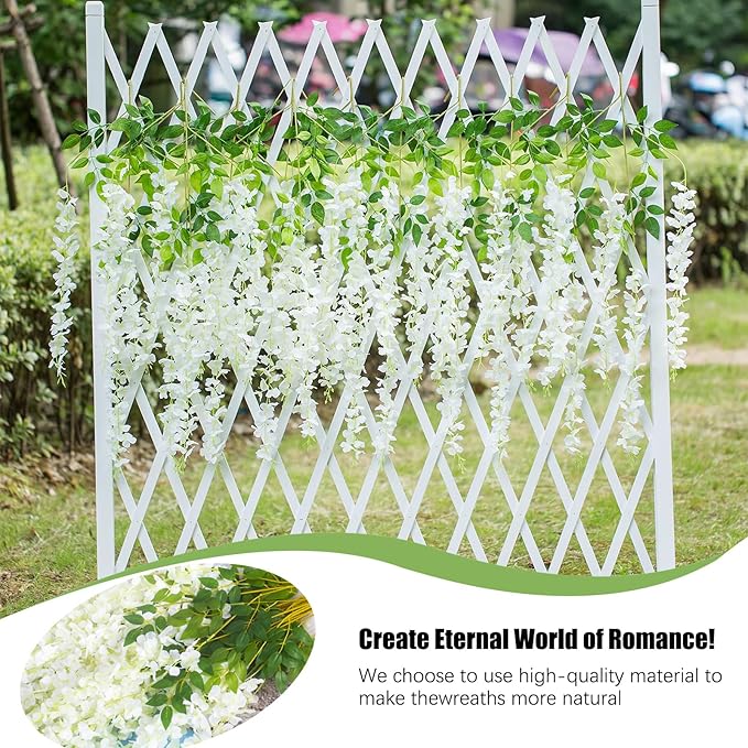 24 Pack Green White Wisteria Hanging Flowers, 3.4 Ft Fake Hanging Flowers, Artificial Wisteria Garland Vines for Wedding Room Backdrop Outdoor Patio Garden Decoration