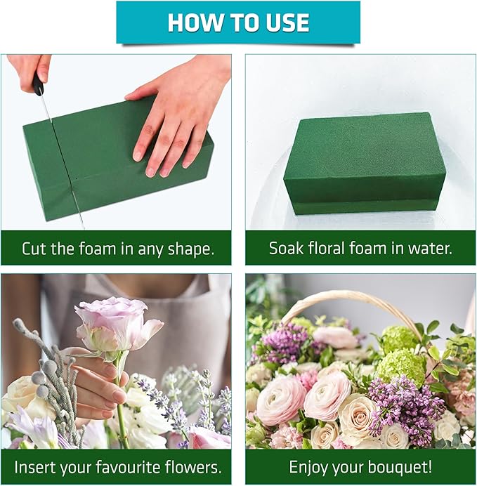 FLORABELS 6 PCS Wet Floral Foam Blocks for Fresh Flowers, Each (9"L x 4.1"W x 2.7"H)Green Foam for Flower Arrangements, Florist Foam Bricks for Weddings, Birthdays Gifts, Flower Foam Blocks for Crafts